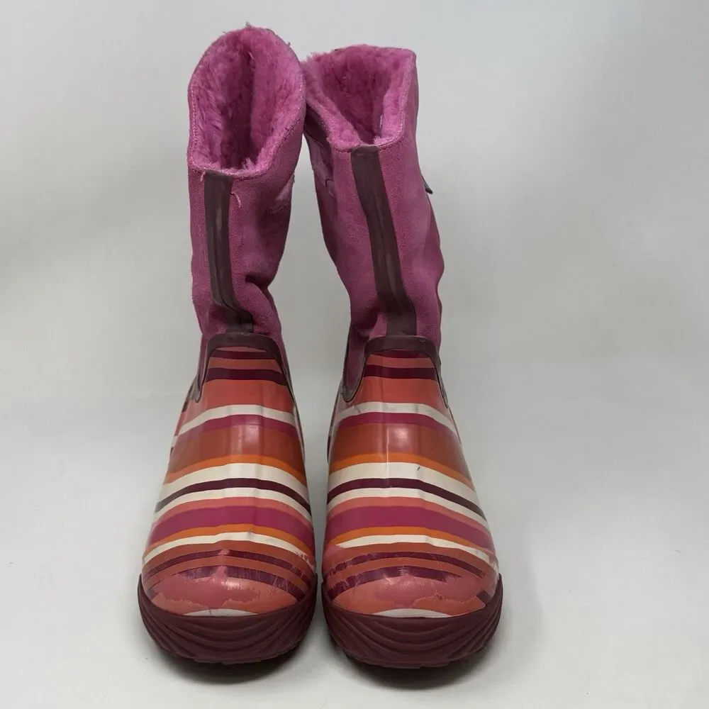 Bogs Prairie Stripe Boots Girls Size 2 Purple Suede Rubber Waterproof Faux Fur